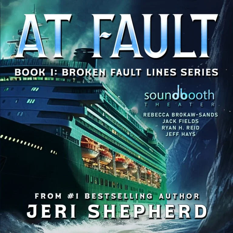 Cover of the book 'At Fault' by Jeri Shepherd, featuring an illustration of a cruise ship in stormy waters with mountains and storm clouds in the background.