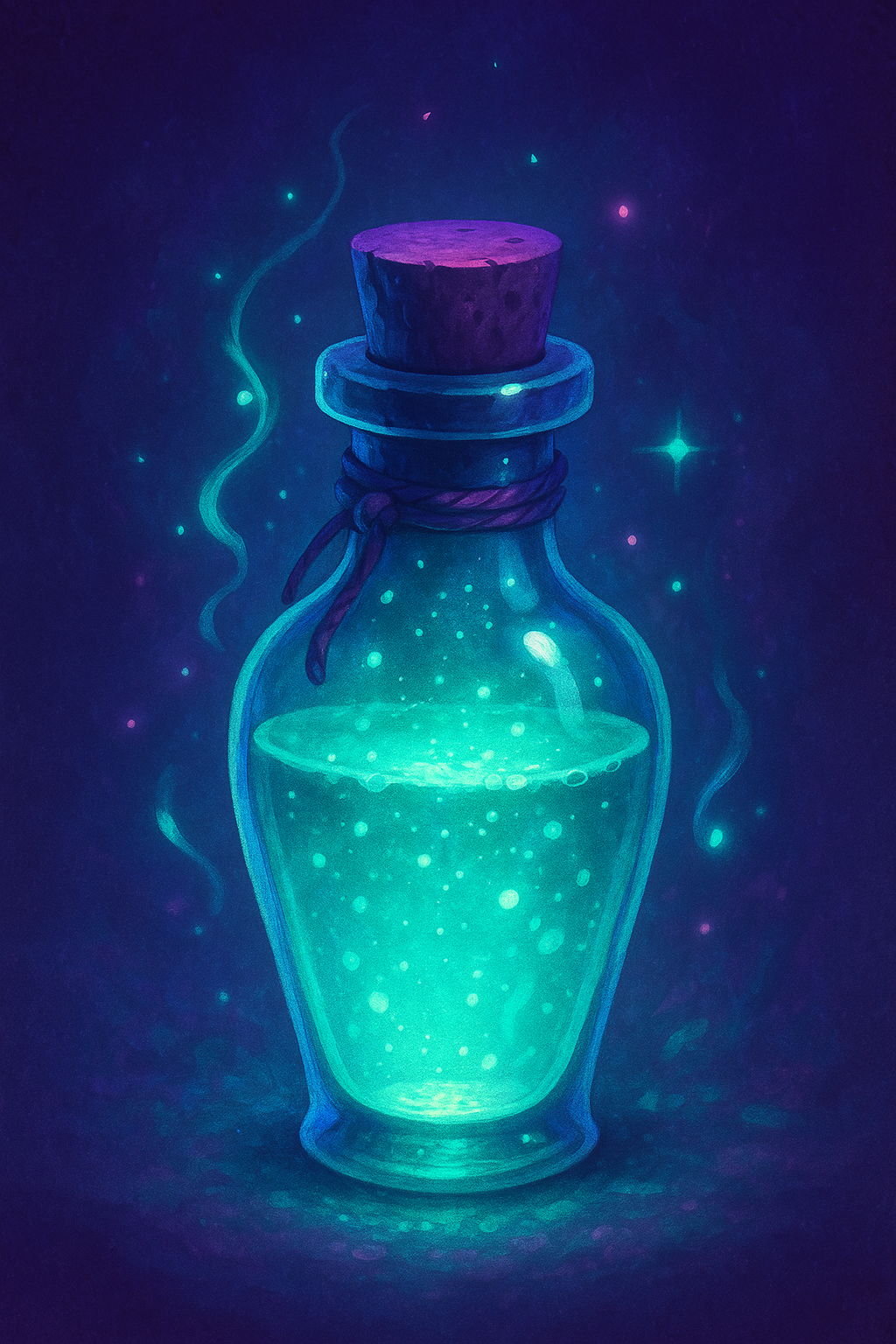 A glowing, magical potion bottle with a cork stopper, emitting a bright teal light and surrounded by shimmering sparkles and wisps of smoke against a dark background.