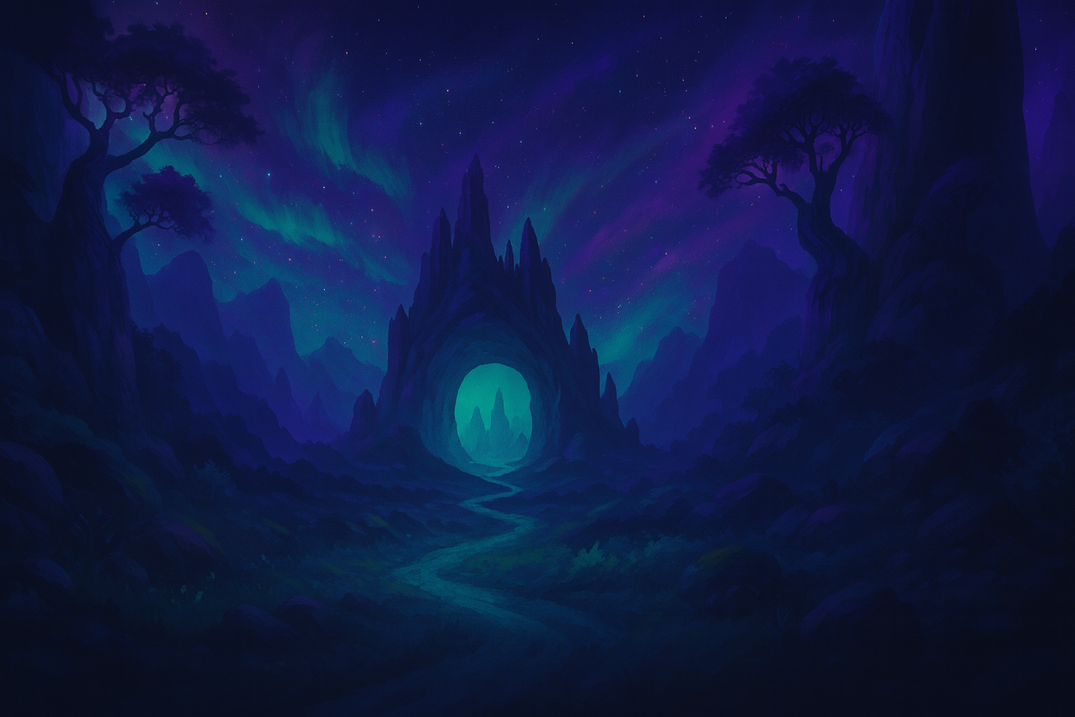 A fantasy landscape with a glowing archway surrounded by jagged mountains, glowing northern lights in the night sky, and twisted trees on either side.
