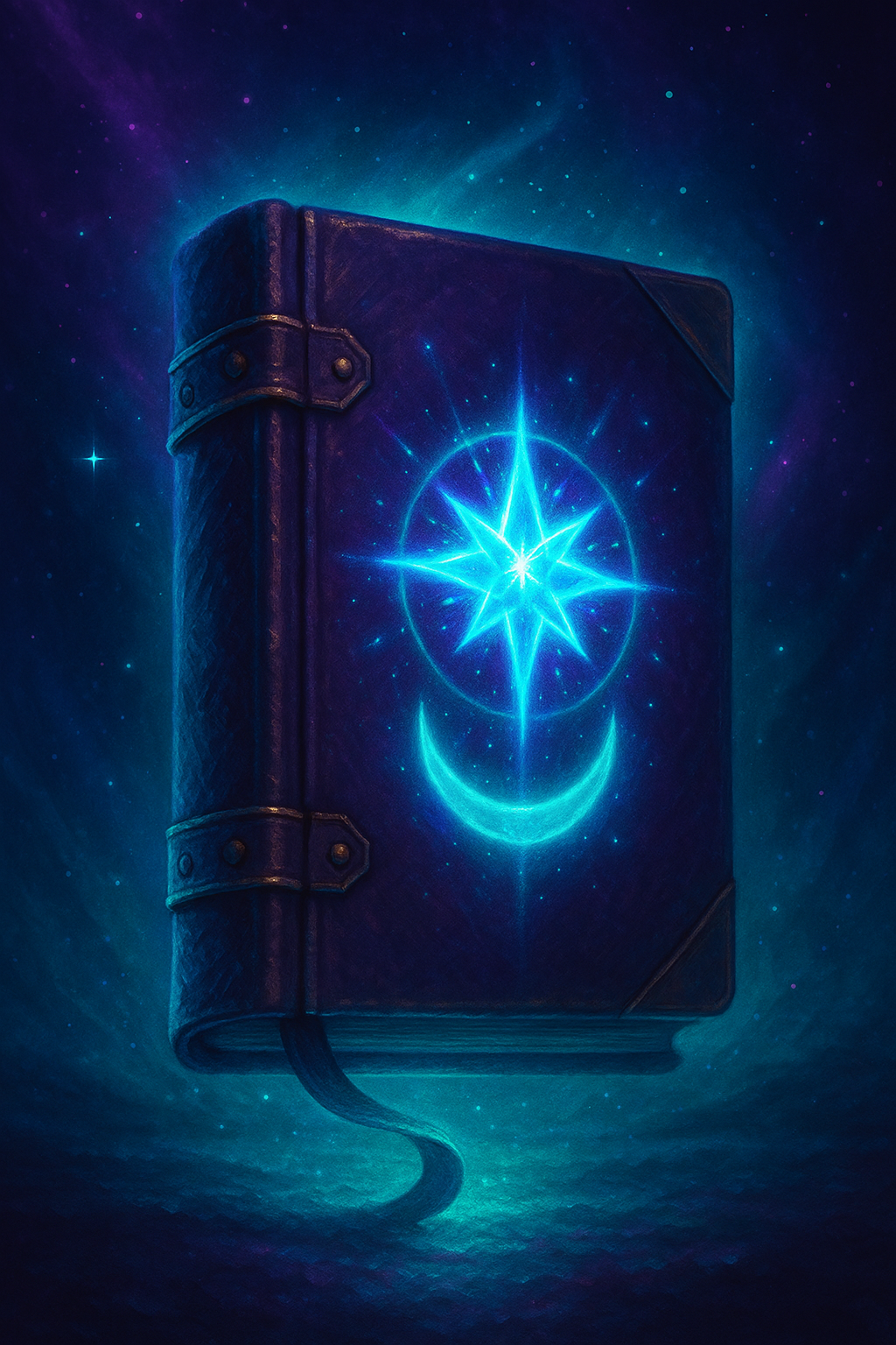 A mystical, glowing journal with a luminous celestial symbol on the cover, featuring a star, crescent moon, and surrounding stars, set against a starry space background.