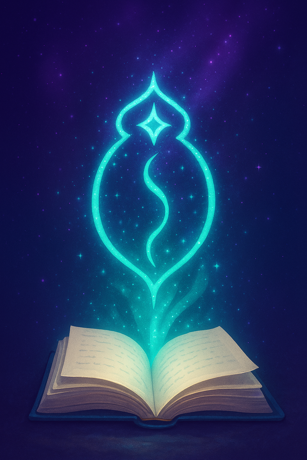 An open book with glowing blue magical symbols and star-like sparkles emerging from the pages against a dark, starry background.