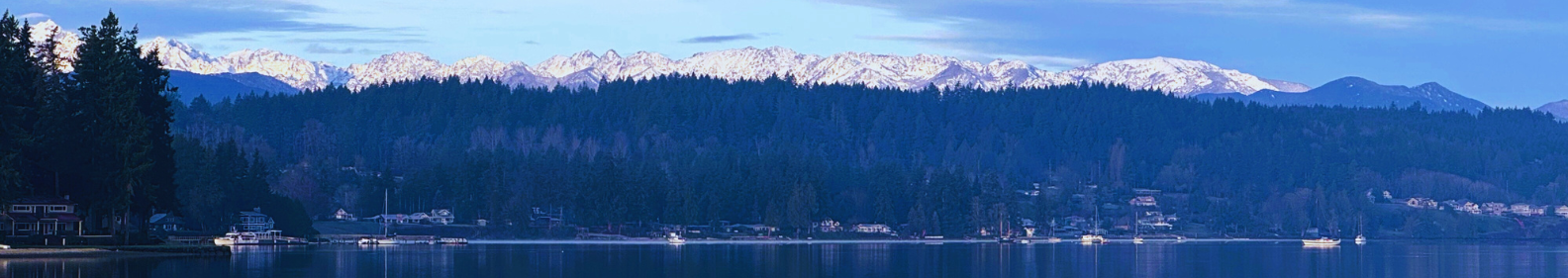 A scenic view of a mountain range with snow-capped peaks, dense evergreen forests, and a calm body of water in the foreground with boats docked along the shoreline.
