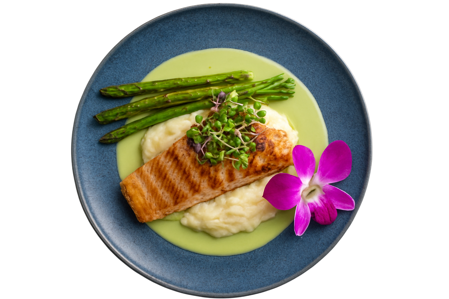 A plate with grilled salmon, asparagus, mashed potatoes, microgreens, and a pink orchid flower served with green sauce.