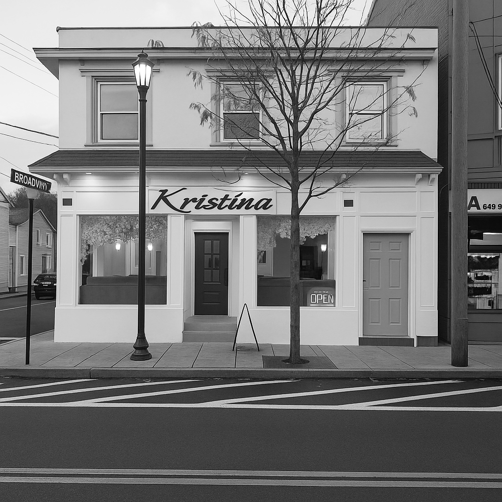 A storefront with the name "Kristina" on it, located at an corner on Broadview street. The building has large front windows, a black door in the middle, and a tree in front. There is a streetlamp on the sidewalk and a sign in the window that says "Open". The scene is black and white.
