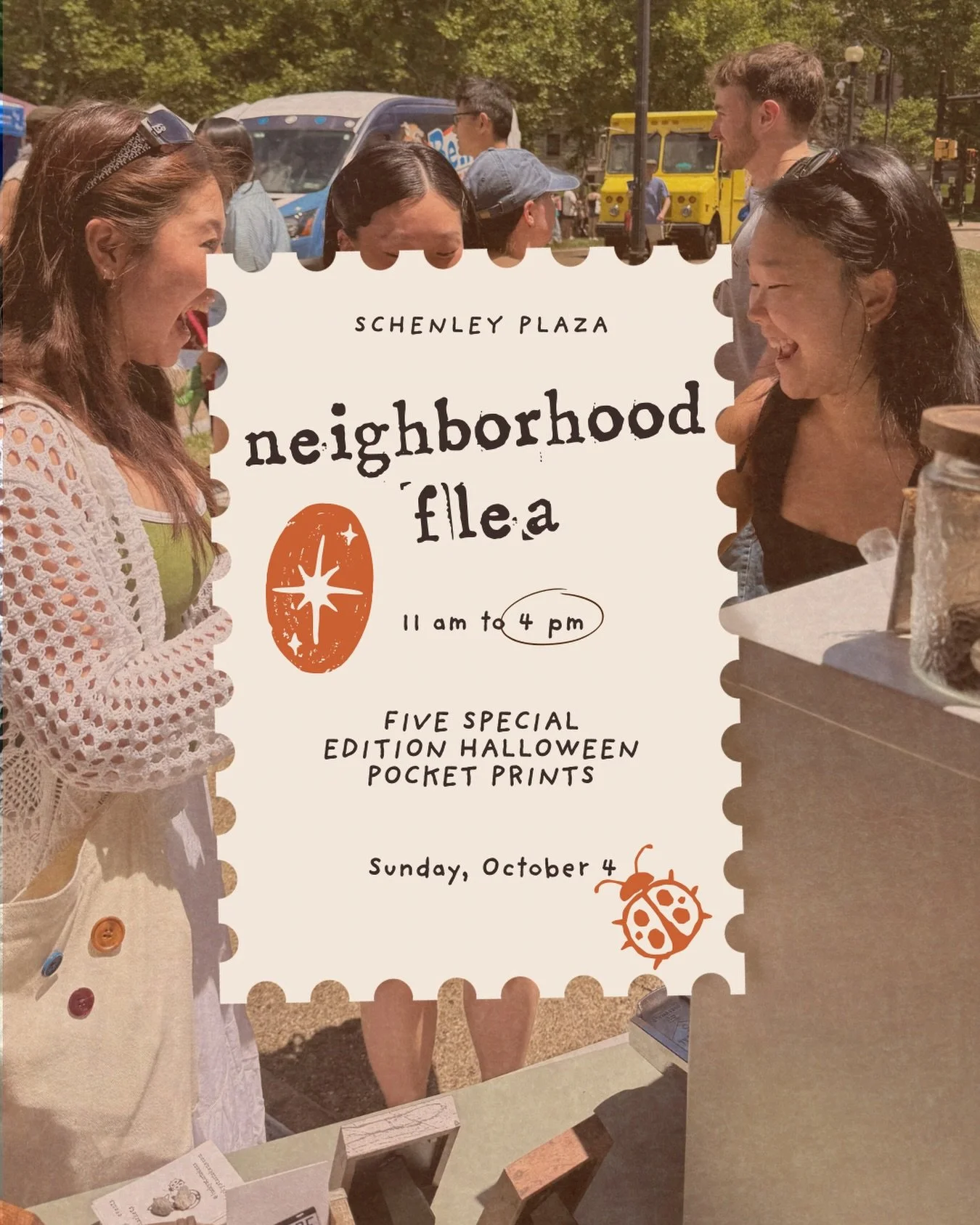 happy october! flea market coming up this sunday the 4th at schenley plaza <3 i&rsquo;ll be there with my machine and five!! new halloween-themed pocket print designs :) see you there 🍂
