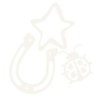 A white line drawing resembling a stamp of a star, a ladybug, and a horseshoe