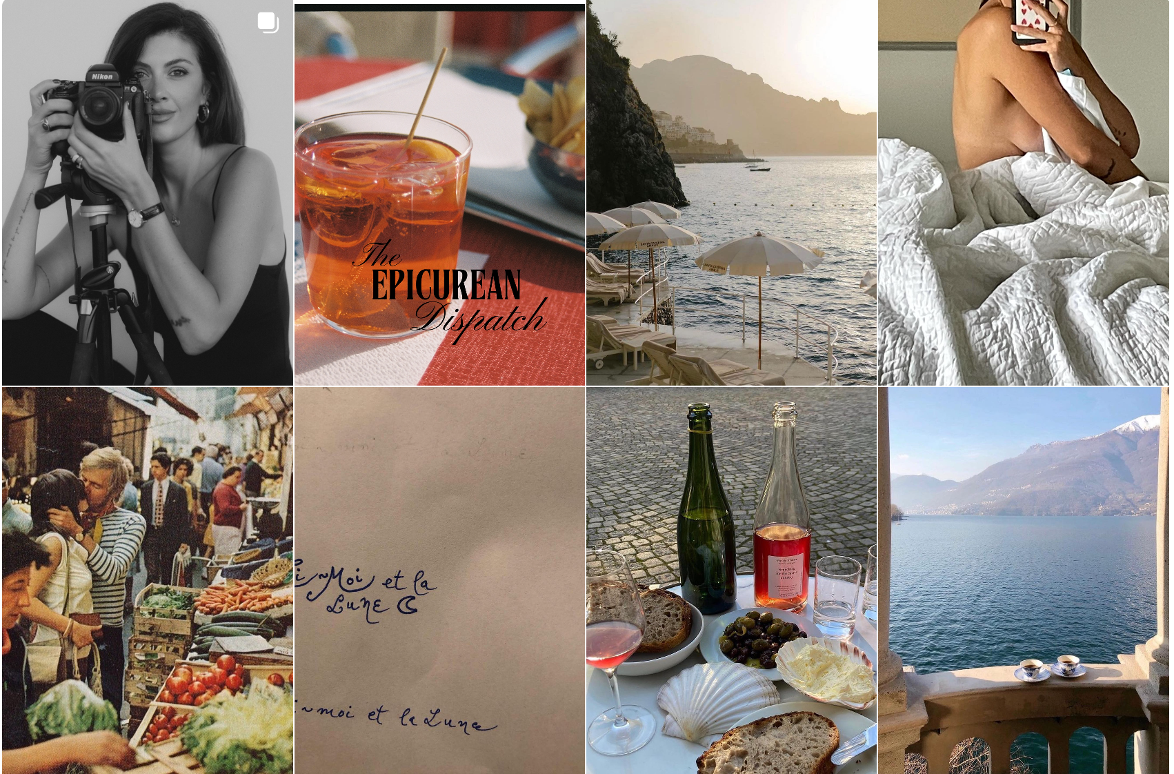A collage of eight photos including a woman with a camera, a drink on a table, a beach with umbrellas, a woman in bed taking a mirror selfie, a busy outdoor market with people shopping for vegetables, a handwritten note in French, a table with wine bottles and snacks, and a view of a lake with mountains.