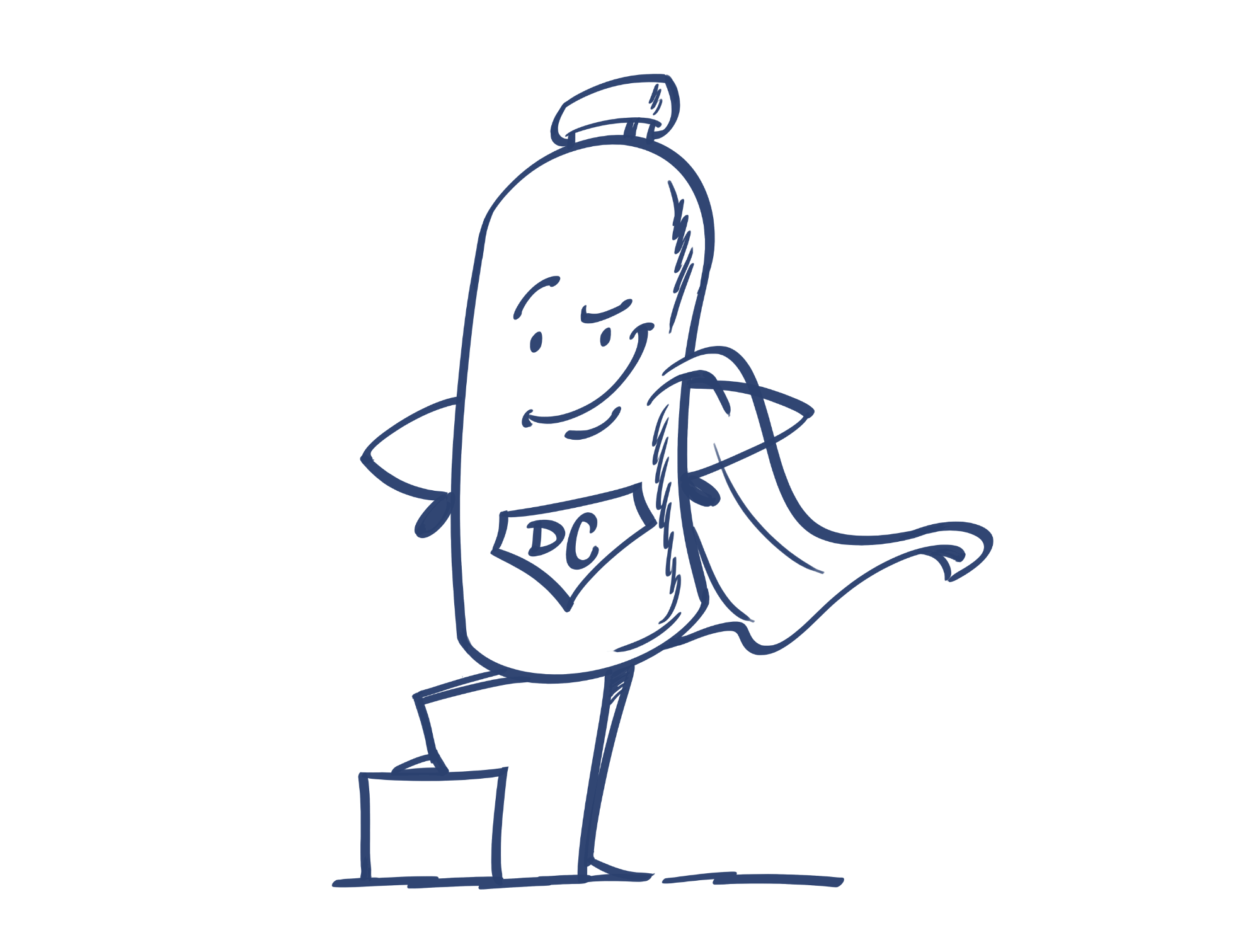 Cartoon of a capsule pill character with a face, arms, and cape, standing on step, with a shield labeled 'DC' on its chest