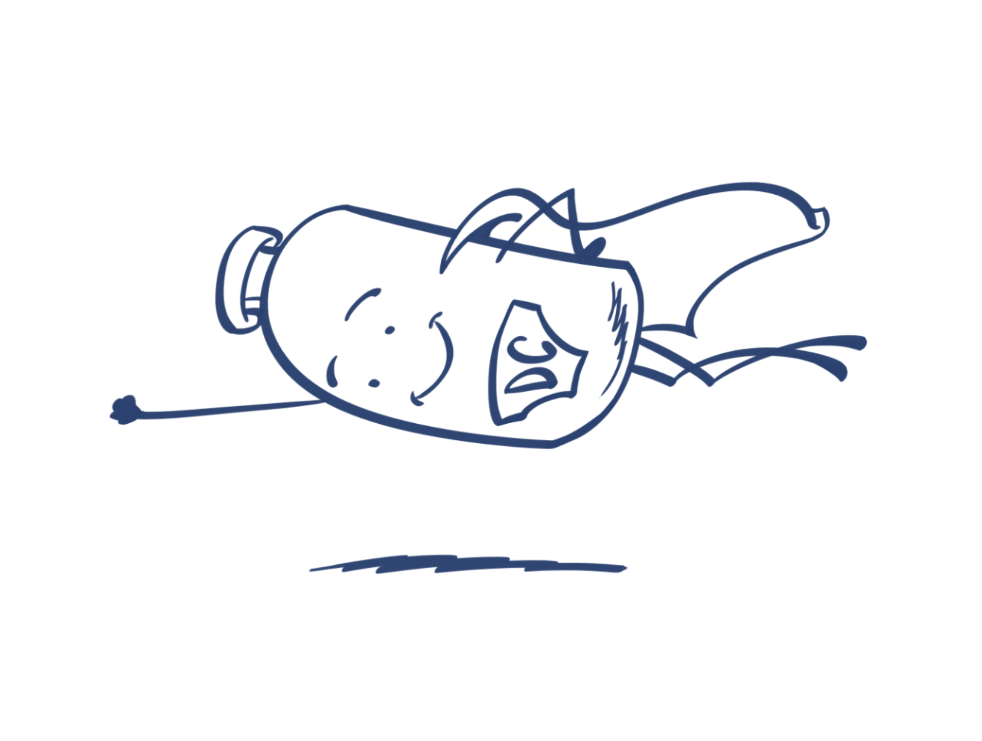 Sketch of a person lying face down, appearing to be asleep or exhausted, with their mouth open, eyes closed, and a happy expression, wearing headphones and a hoodie.