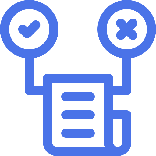 Icon of a checklist with a check mark on the left and a cross mark on the right, connected to a document or list in the center.