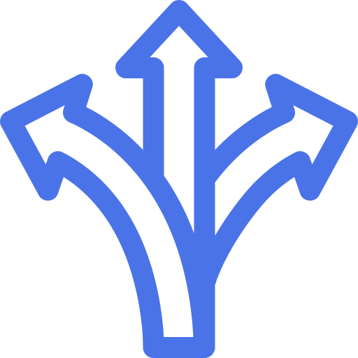 Blue icon with three arrows branching out in different directions on a black background.
