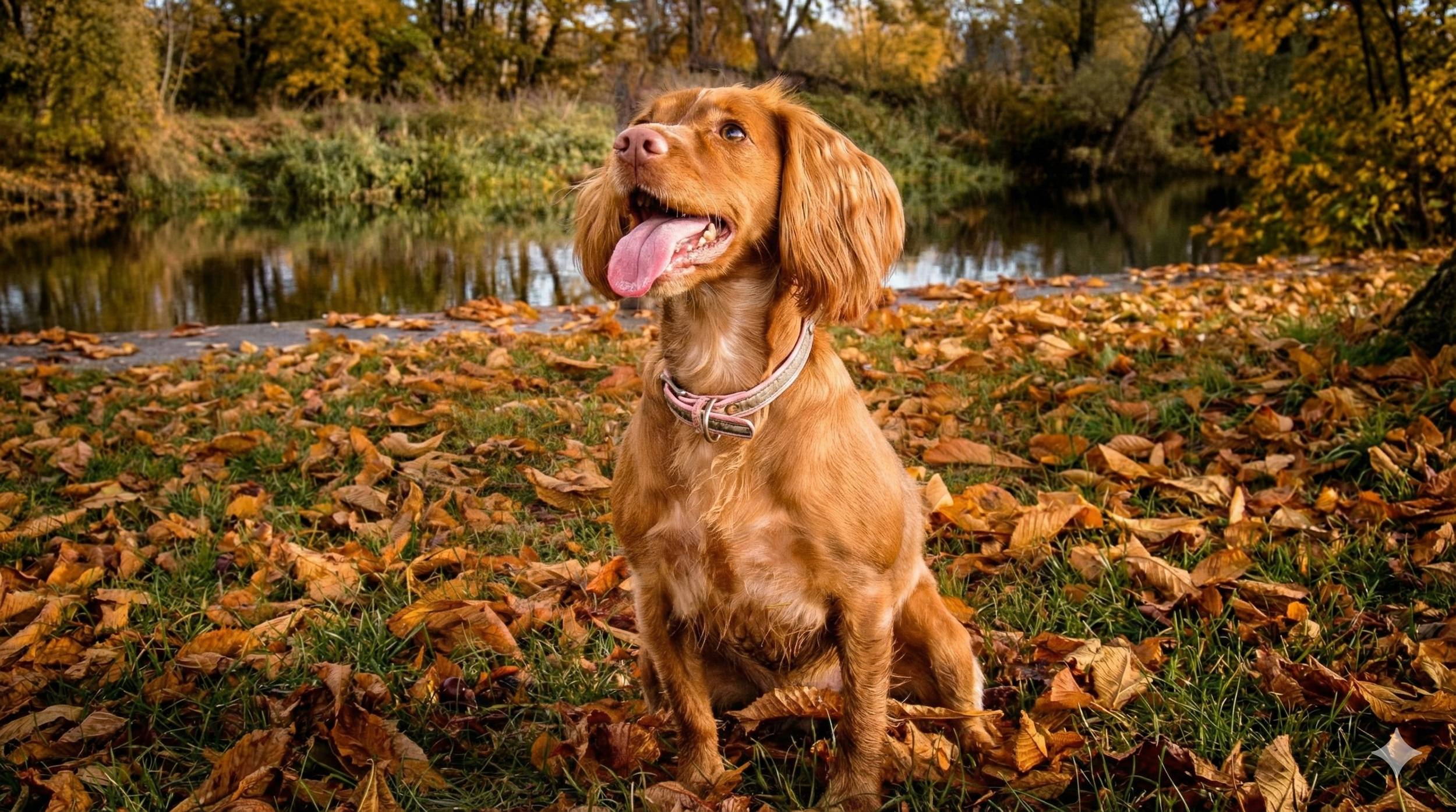 A golden retriever dog sitting on fallen autumn leaves near a lake with autumn trees in the background.