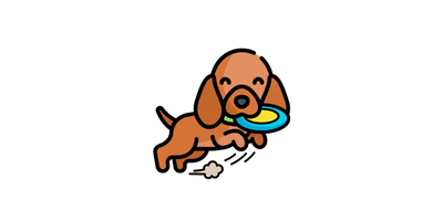 A cartoon illustration of a cute brown puppy lying down with a blue and yellow frisbee in its mouth, sitting on a black background.