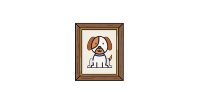 A framed drawing of a dog with brown spots and a blue collar, set against a white background.