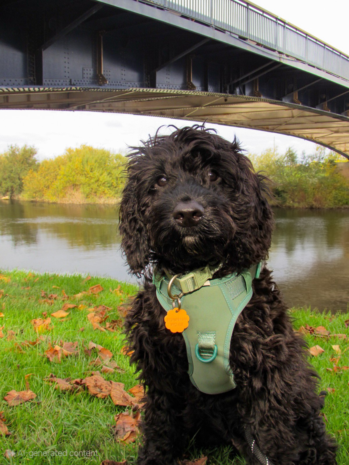 A black, curly-haired puppy wearing a green harness sits on grass with autumn leaves near a river, underneath a bridge.