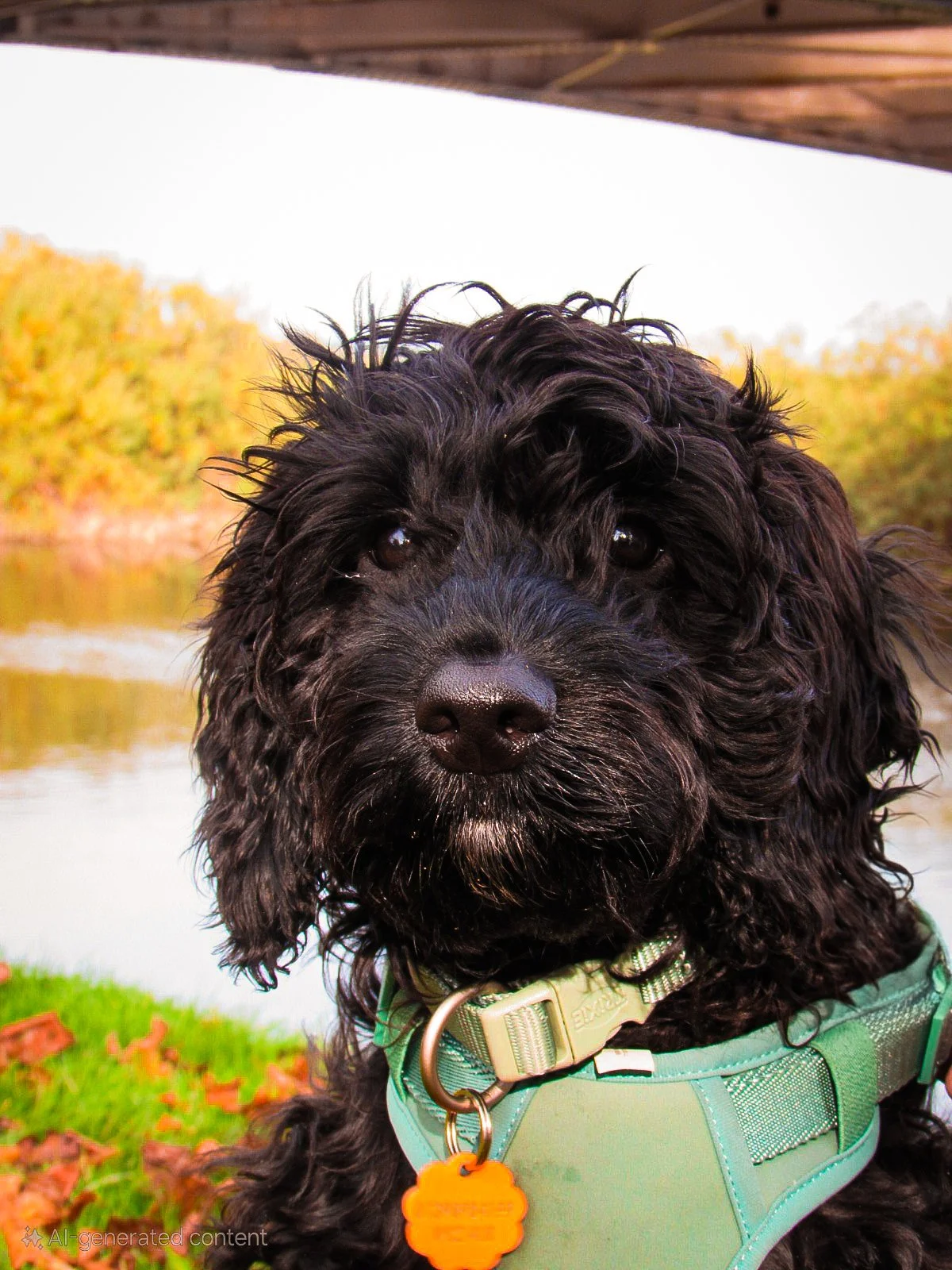 Close-up of a black dog with curly fur wearing a green harness, outdoors near a body of water with autumn trees in the background.