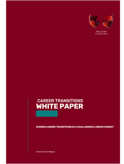 Red background brochure cover with the logo of Red Chair Consulting, titled "Career Transitions White Paper" and subtitle "Guiding Career Transitions in a Challenging Labour Market".