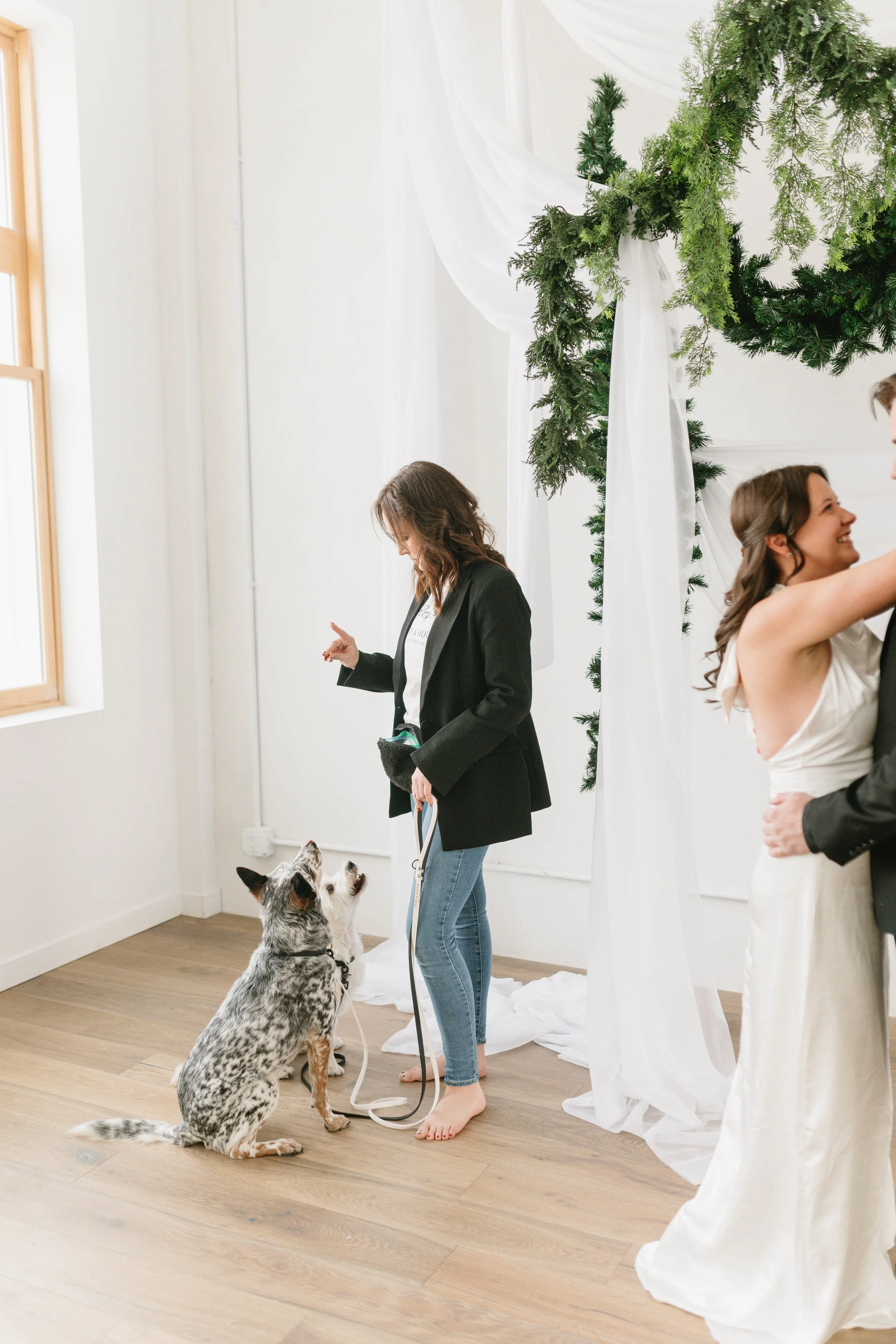 A woman with brown wavy hair, wearing a black blazer and jeans, standing barefoot on a wooden floor, holding a leash for two dogs, during a celebration with a white dress and a groom in a suit, near a large green Christmas wreath with white drapery.