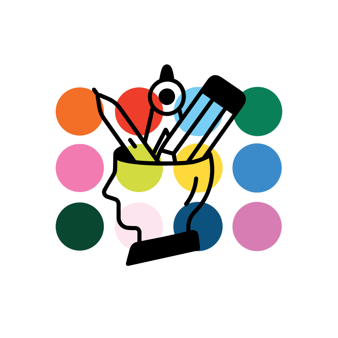 A creative illustration by Ashley La Marr of a human head profile with an open top, filled with various office supplies like pens, pencils, a ruler, and a highlighter. The background has colorful circles.