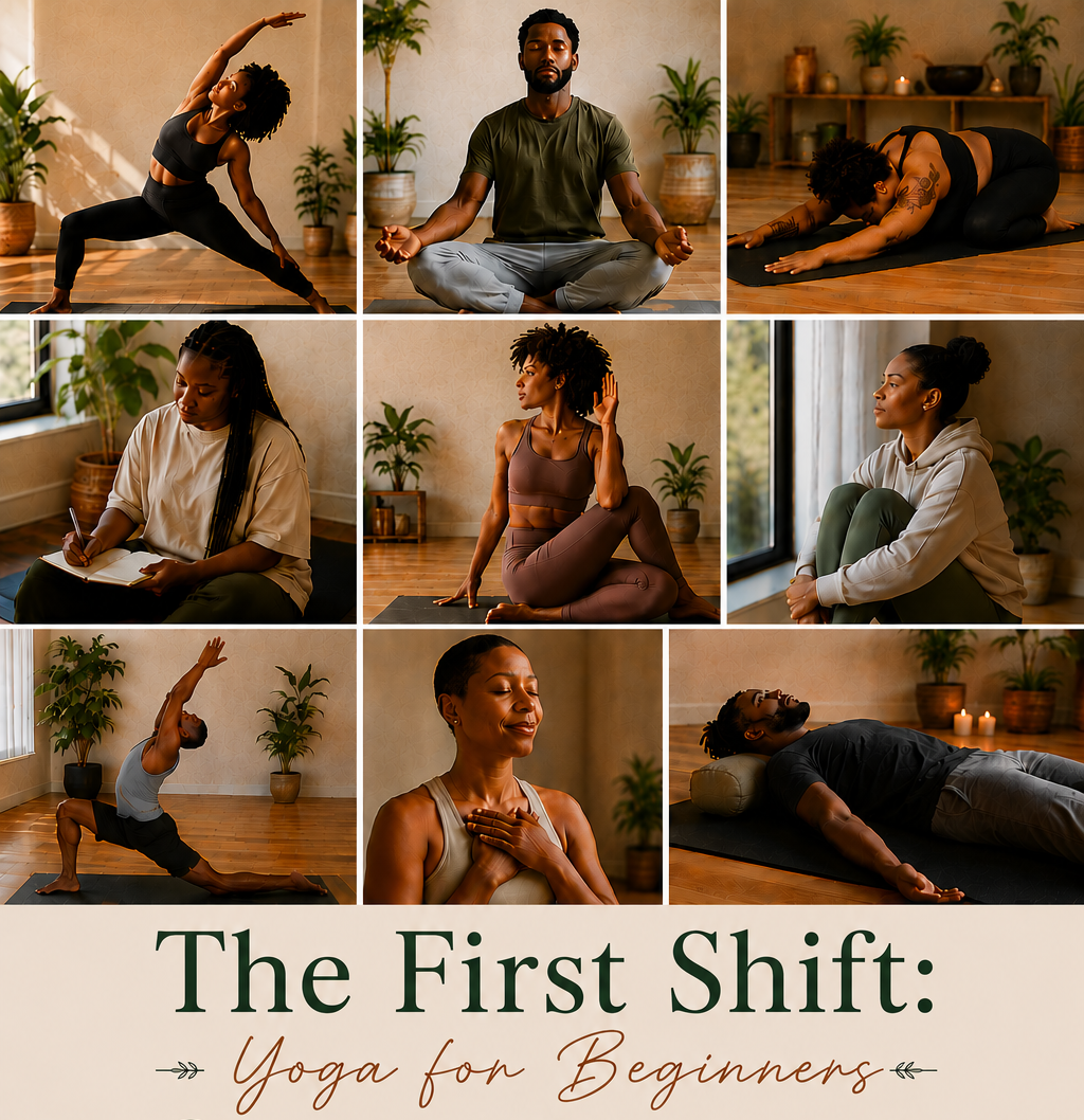 Collage of nine photos of diverse people practicing yoga and meditating indoors in a cozy, plant-filled space with warm lighting, with the text "The First Shift: Yoga for Beginners" at the bottom.