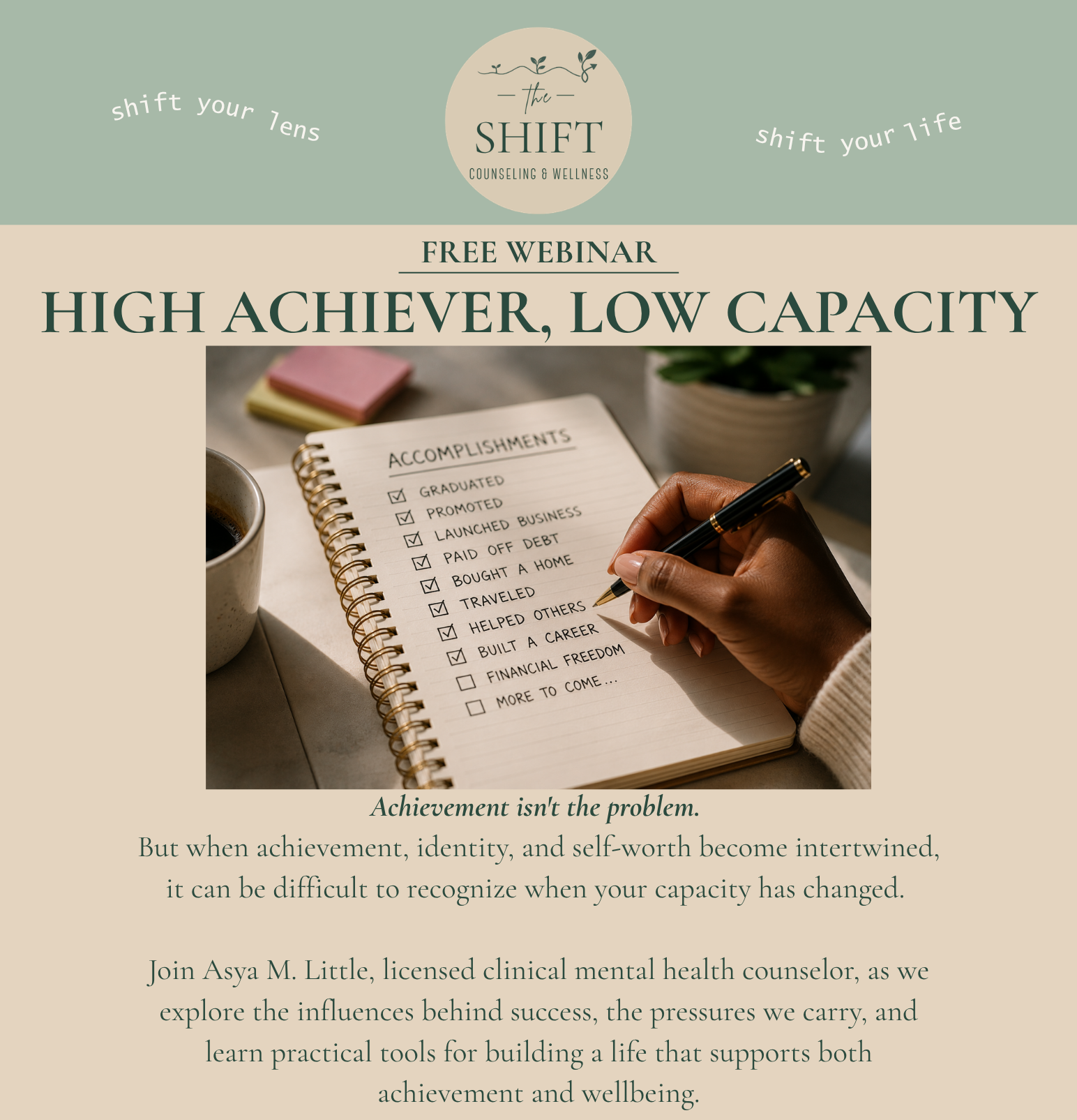 Webinar advertisement with text and image of a notebook with a list of accomplishments, a coffee cup, a plant, and sticky notes on a desk.