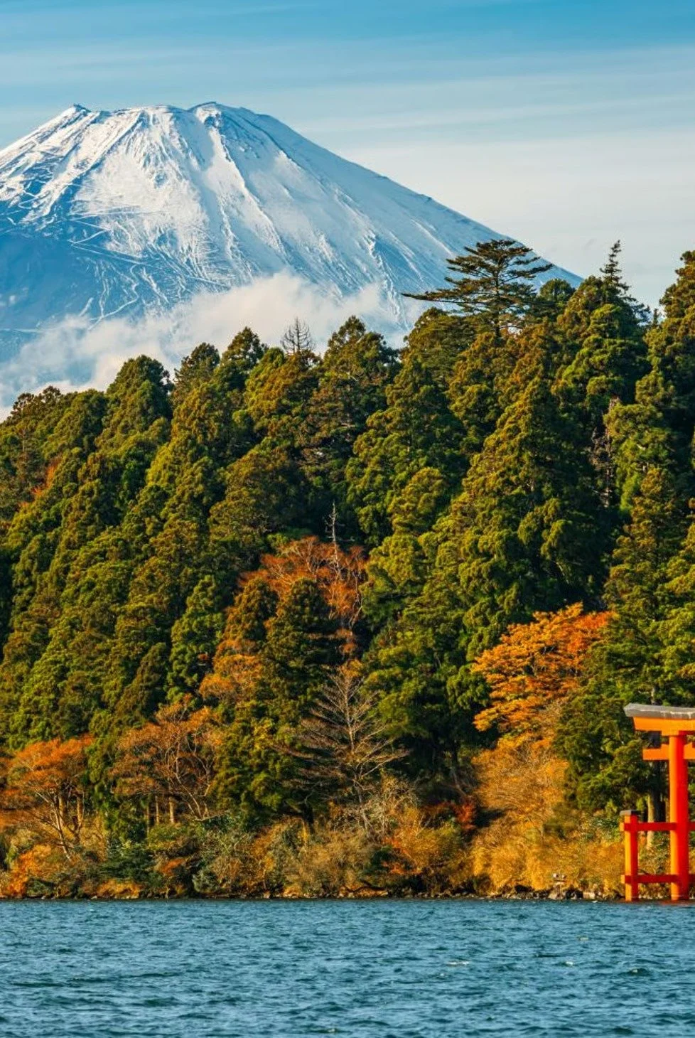 Snow-capped Mount Fuji with lush green and autumn-colored trees in the foreground, and a red torii gate near the water.