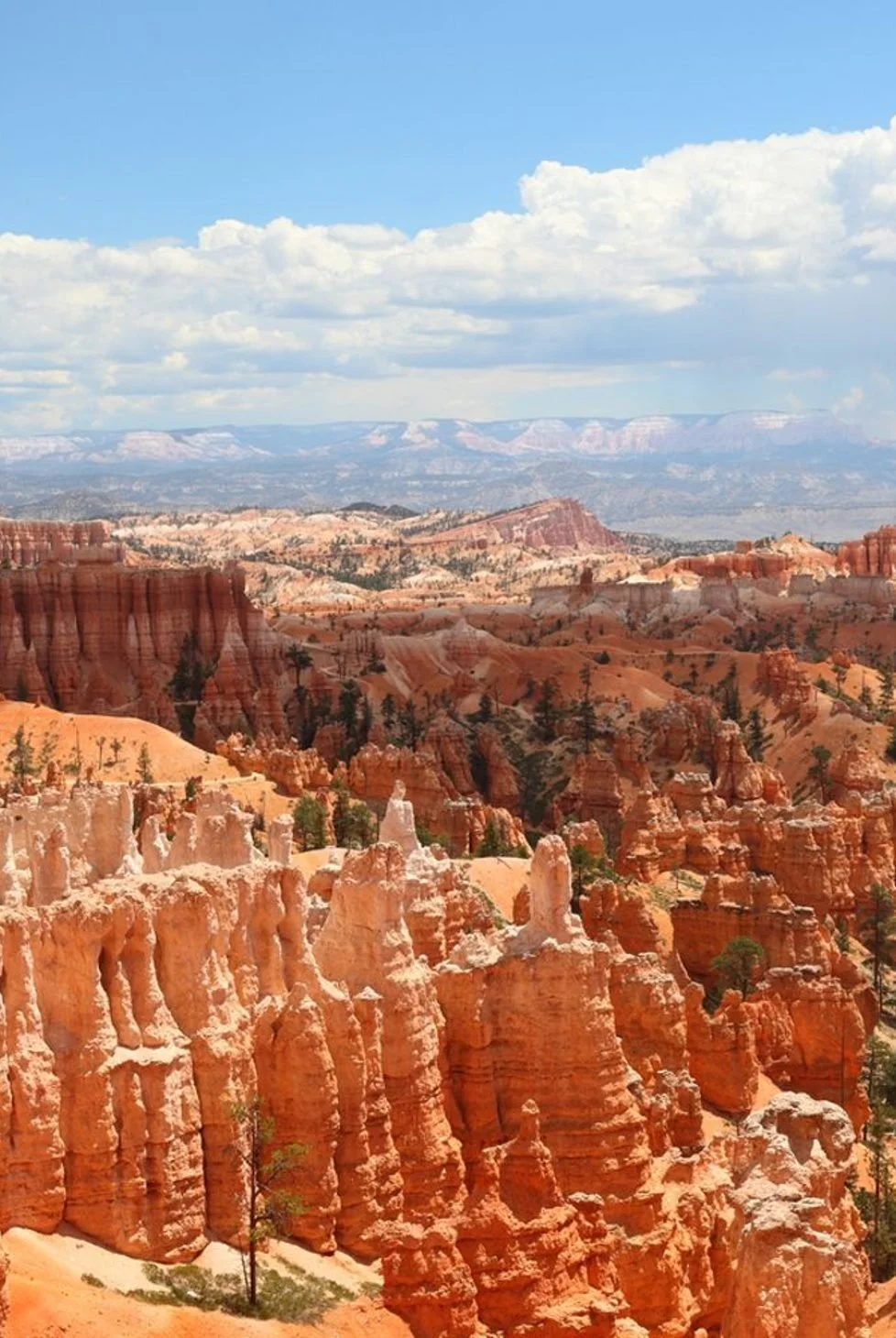 Scenic view of Bryce Canyon National Park with orange hoodoos, green trees, and a blue sky with clouds.