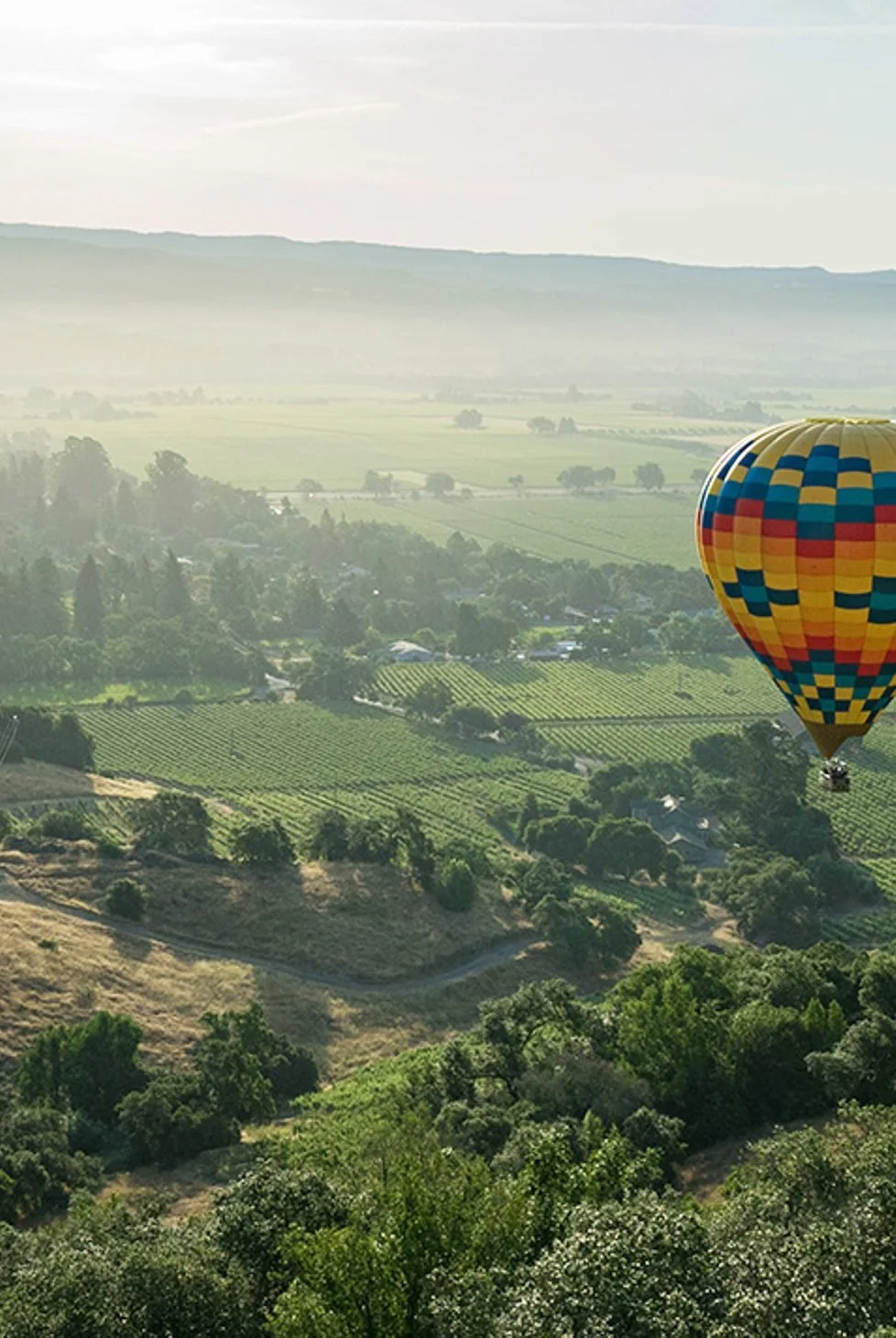 Colorful hot air balloon flying over green fields and rolling hills.