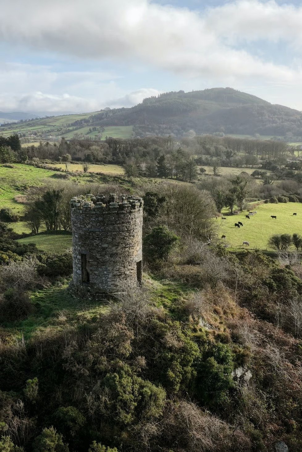 A round stone tower on a grassy hillside with trees and shrubs, overlooking a valley with grazing horses and rolling hills in the distance under a partly cloudy sky.