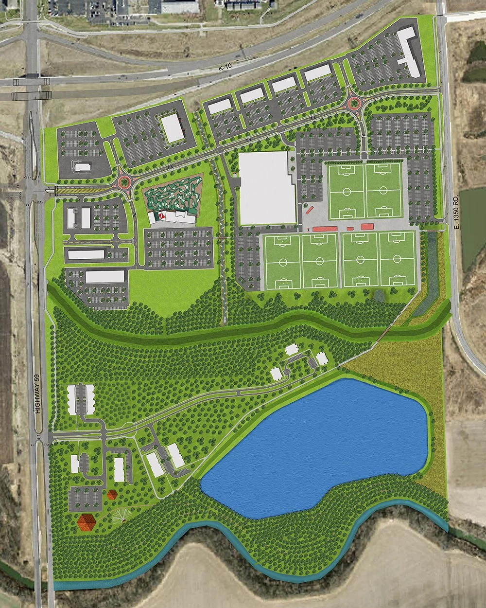 A detailed site map of a recreational park including sports fields, parking lots, wooded areas, a lake, and various buildings.