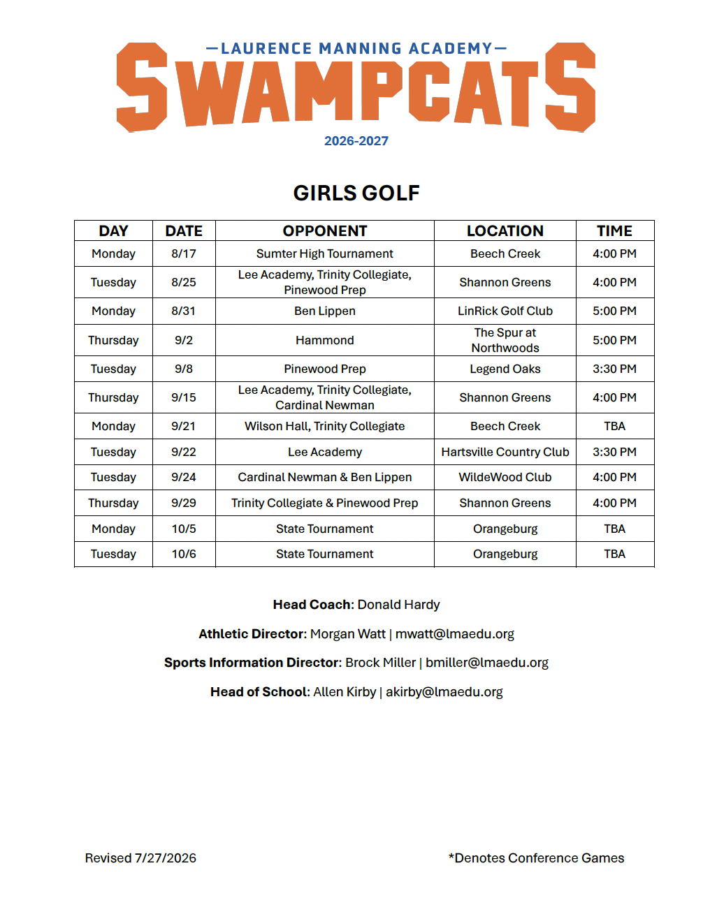 LMA 2026 Girls Golf Schedule 