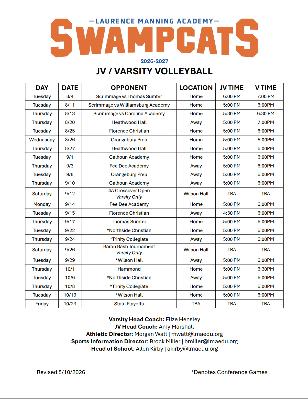 LMA 2026 JV & Varsity Volleyball Schedule