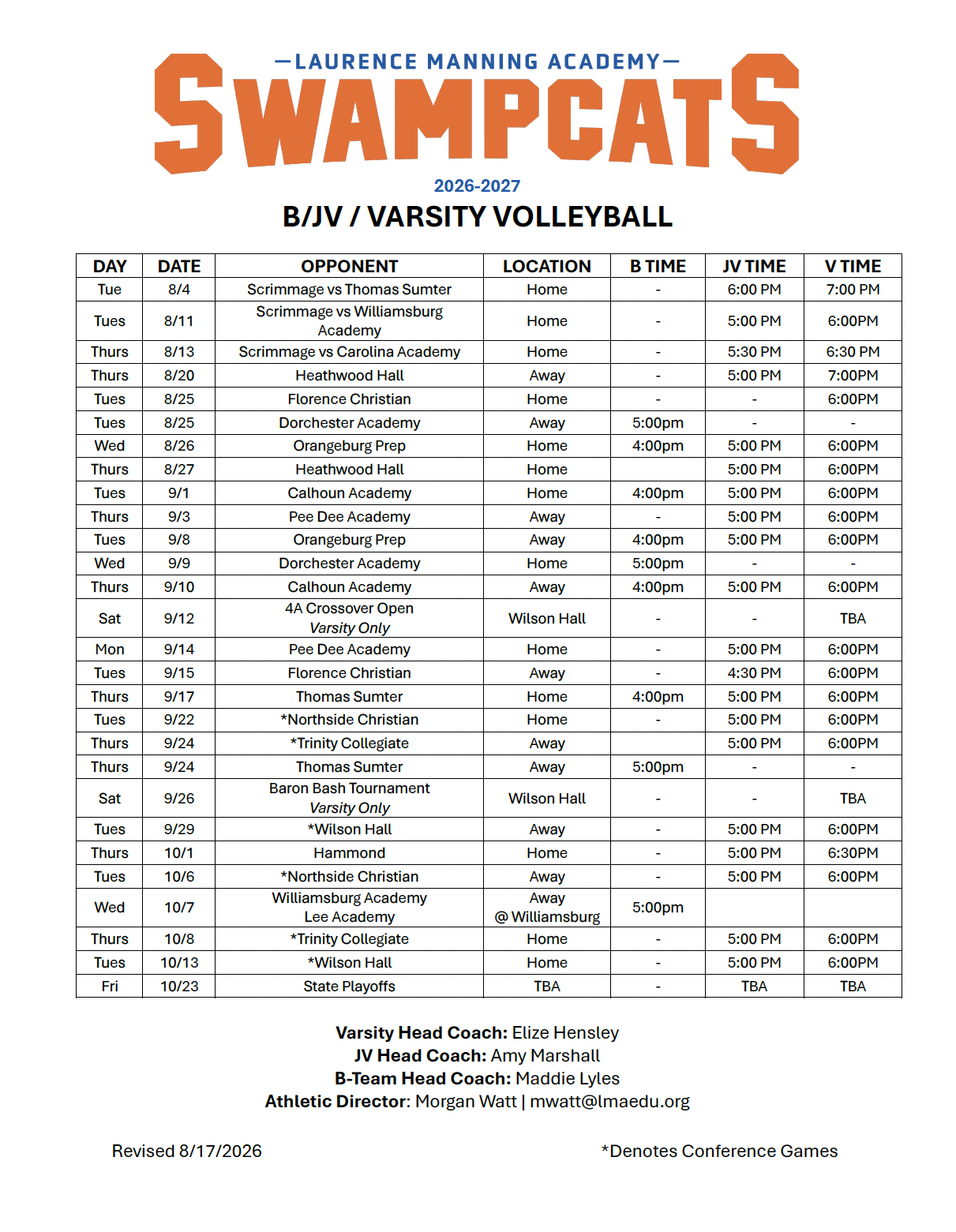 LMA 2026 Volleyball Schedule