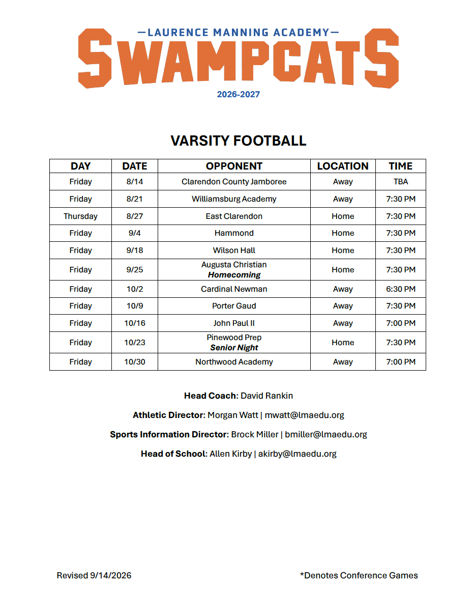 LMA 2026 Varsity Football Schedule