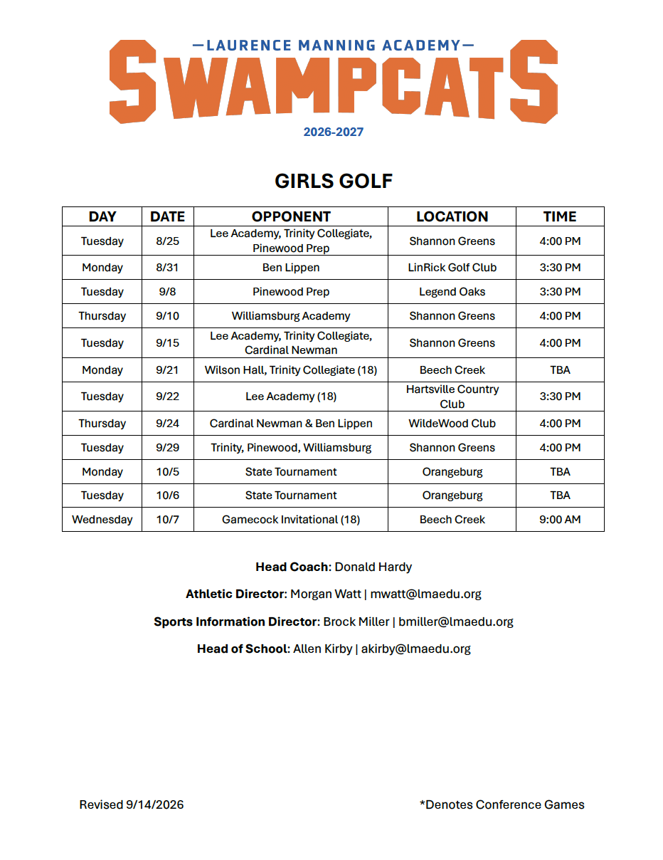 LMA 2026 Girls Golf Schedule 