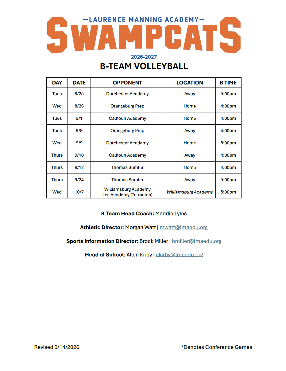 LMA B-Team Volleyball Schedule