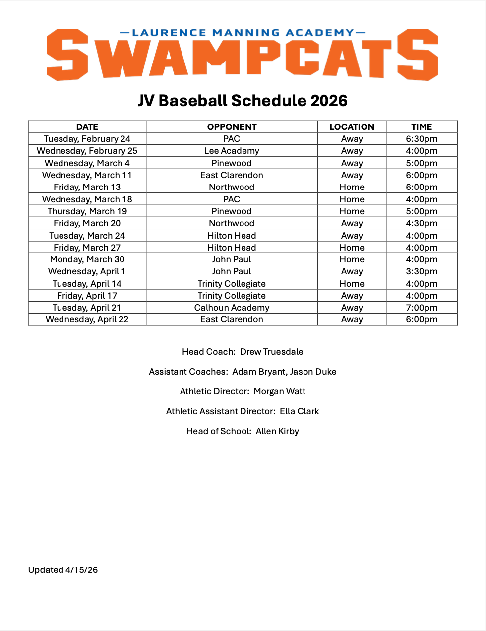 LMA 2026 JV Baseball Schedule