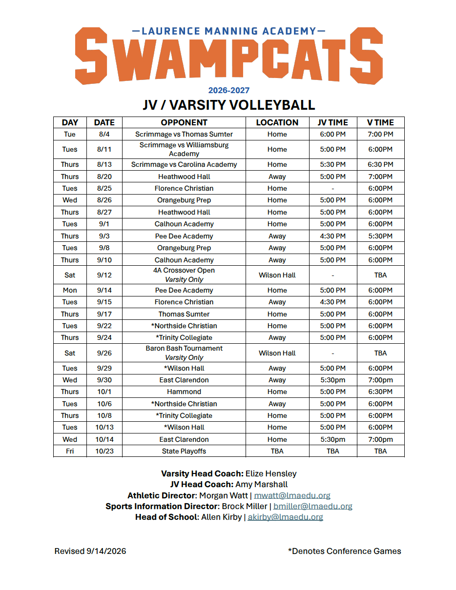 LMA 2026 Volleyball Schedule