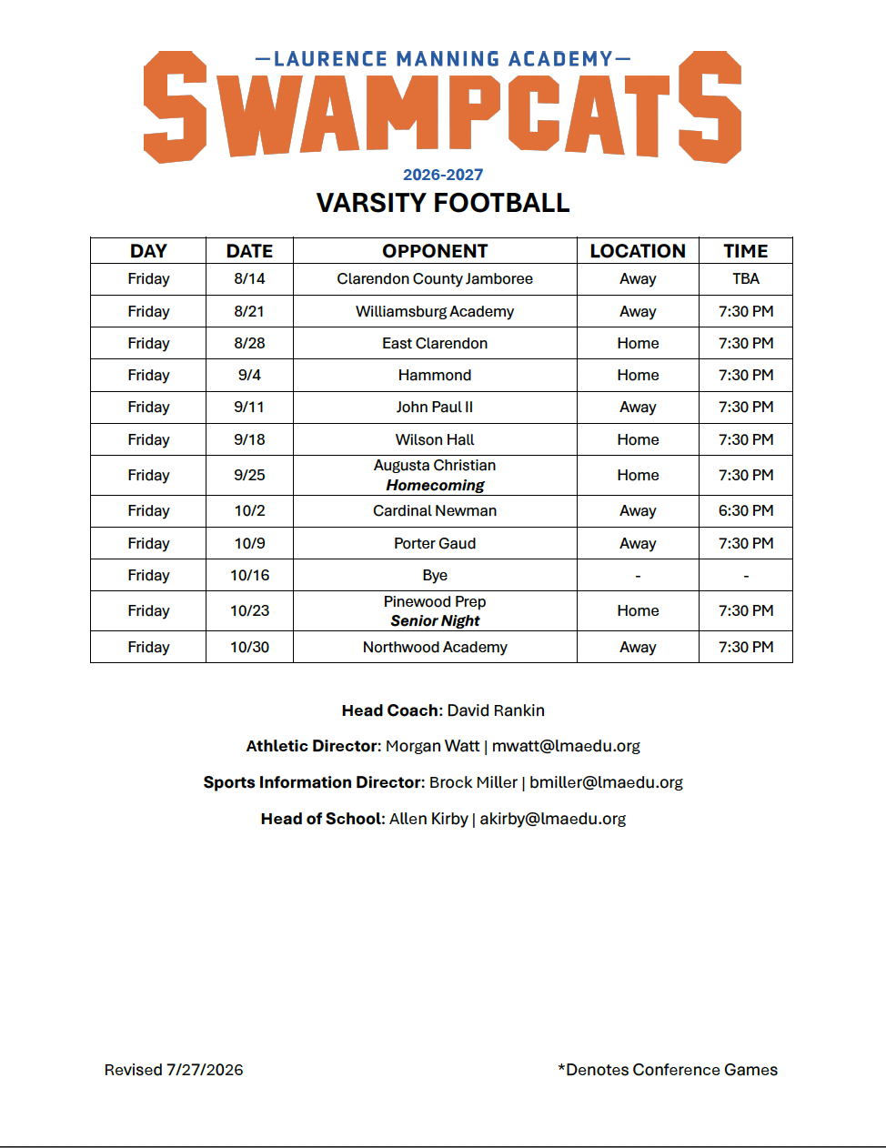 LMA 2026 Varsity Football Schedule