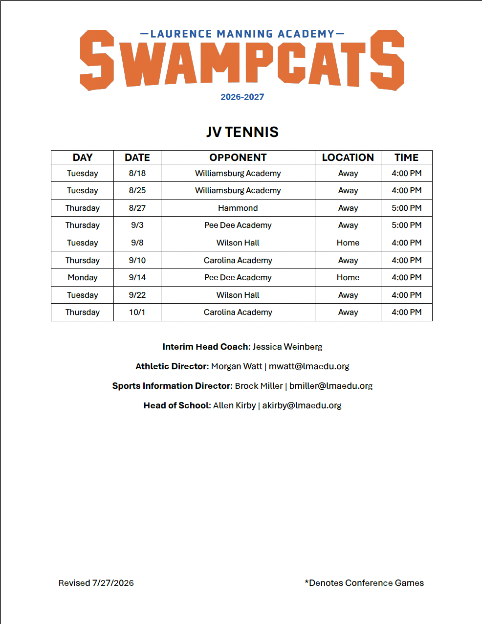 LMA 2026 JV Tennis Schedule