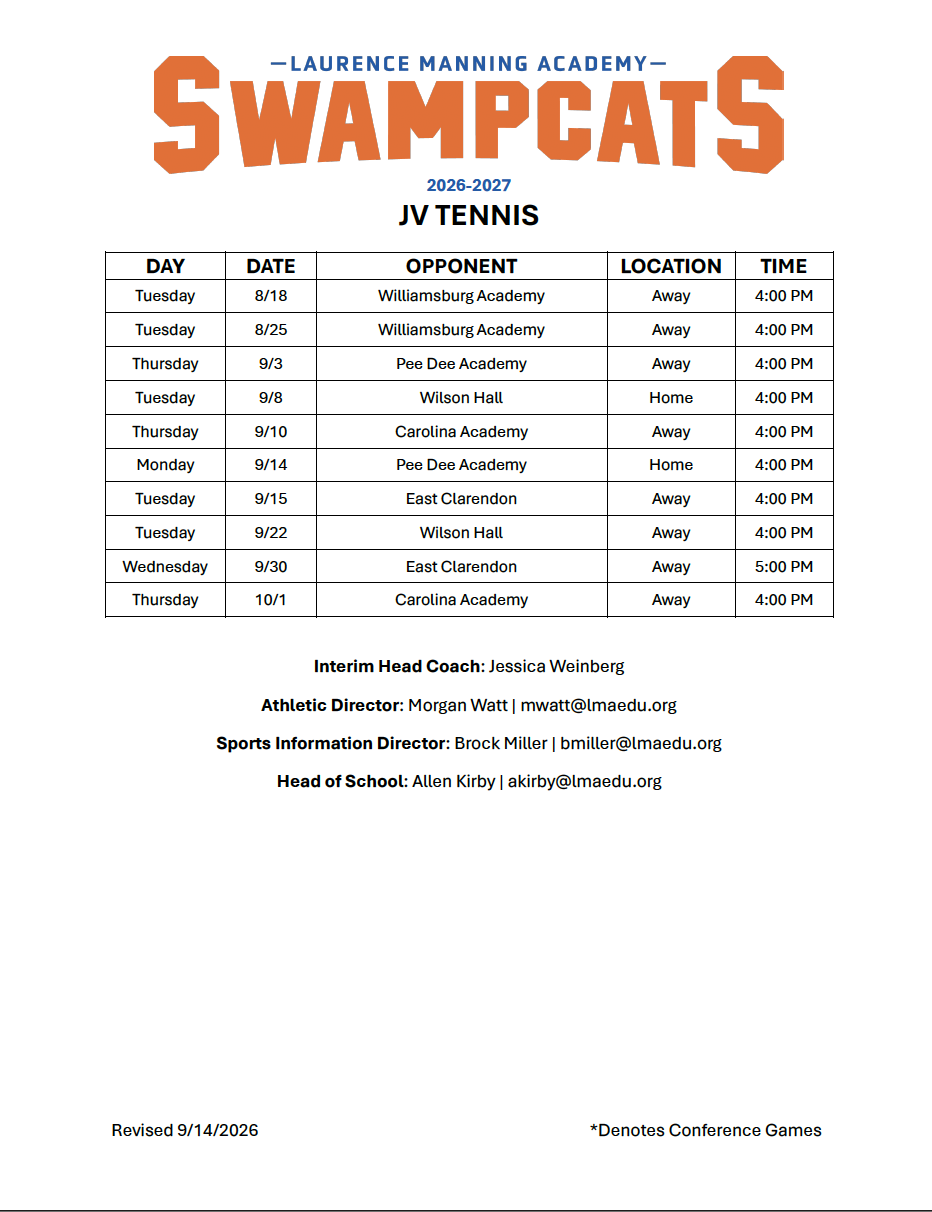 LMA 2026 JV Tennis Schedule