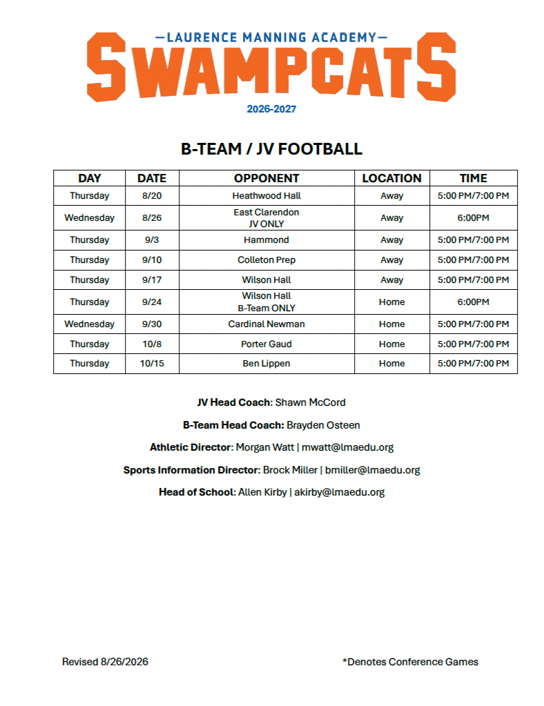 LMA 2026 B-Team/JV Football Schedule