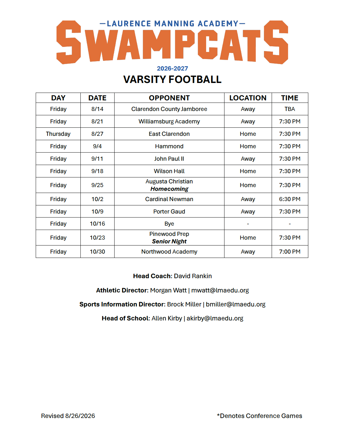 LMA 2026 Varsity Football Schedule