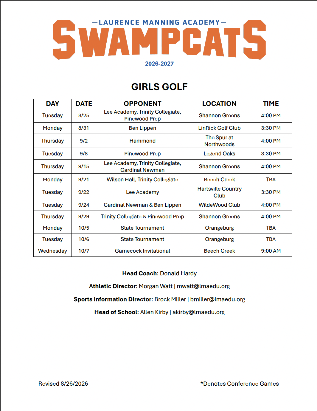 LMA 2026 Girls Golf Schedule 