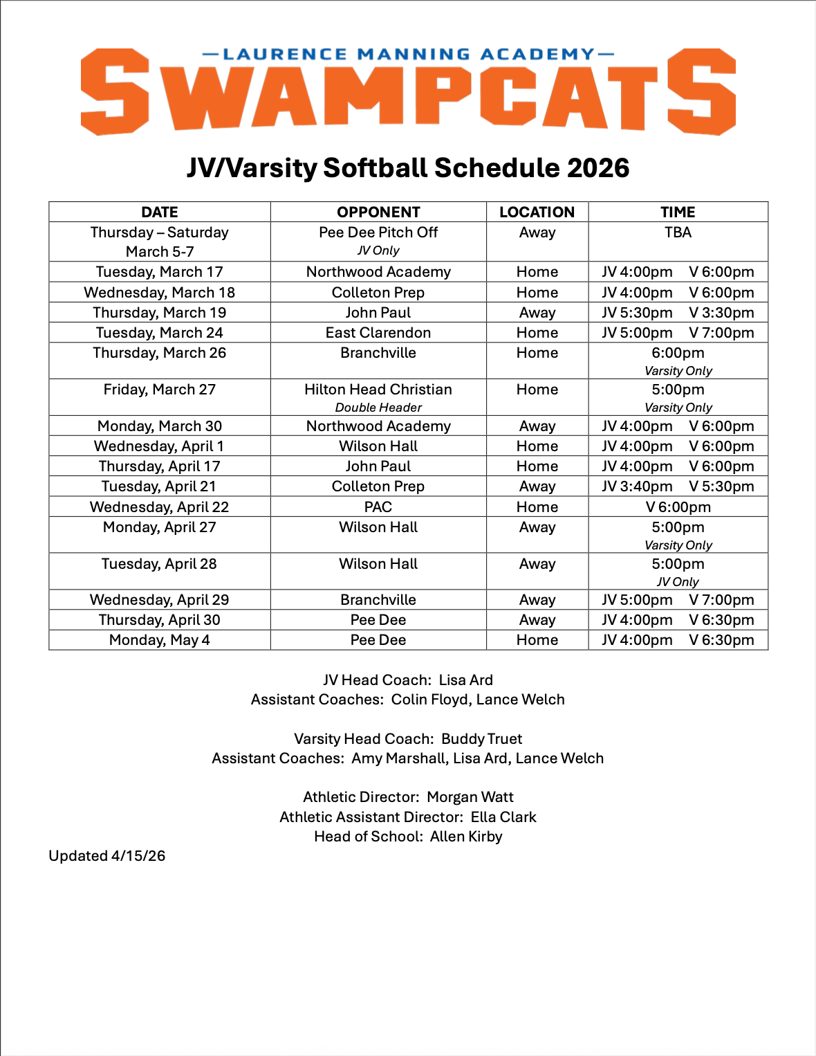 JV/Varsity softball schedule for Lawrence Manning Academy Swampcats for 2026, listing dates, opponents, locations, and times of games.
