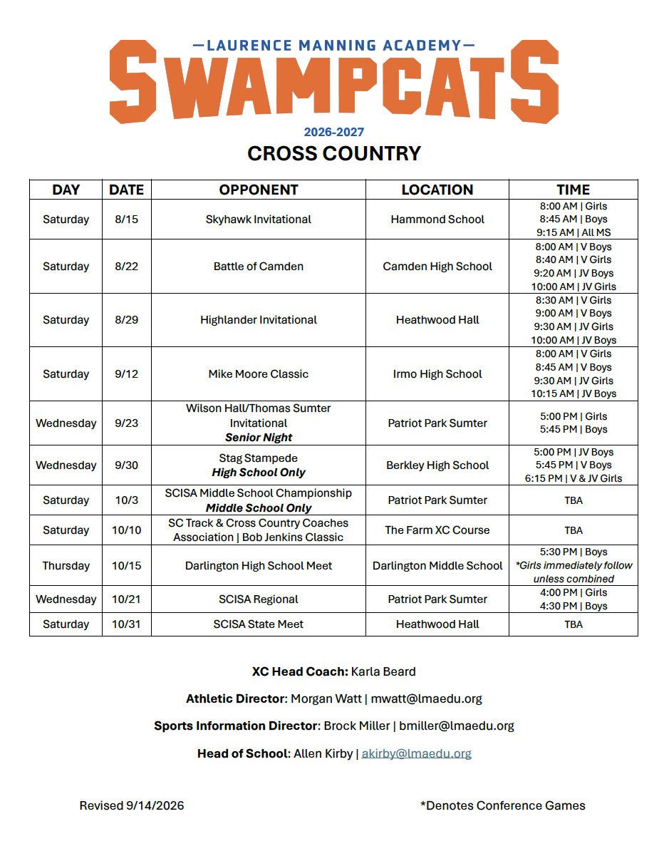 LMA 2026 Cross Country Schedule