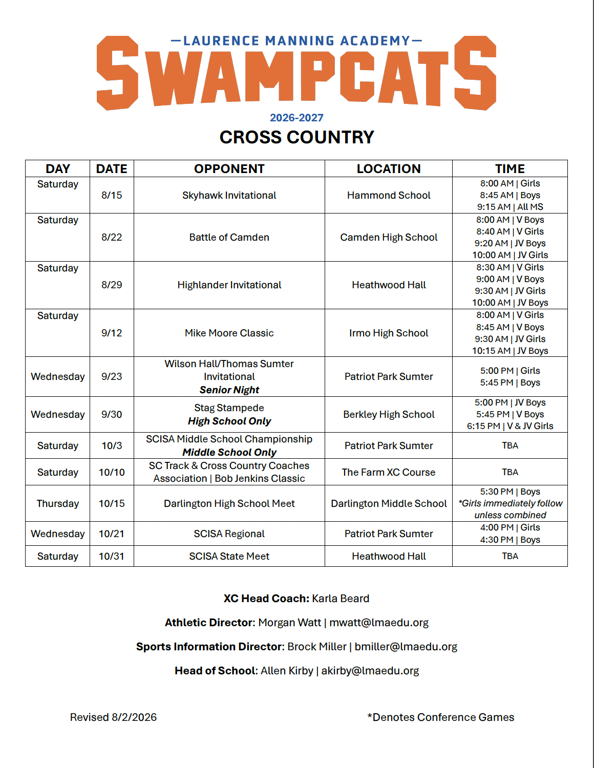 LMA 2026 Cross Country Schedule