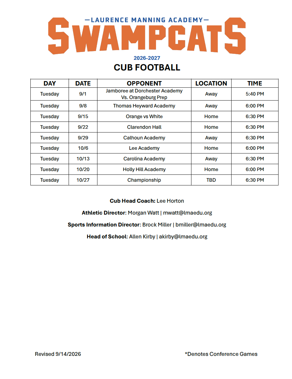 LMA 2026 Cub Football Schedule