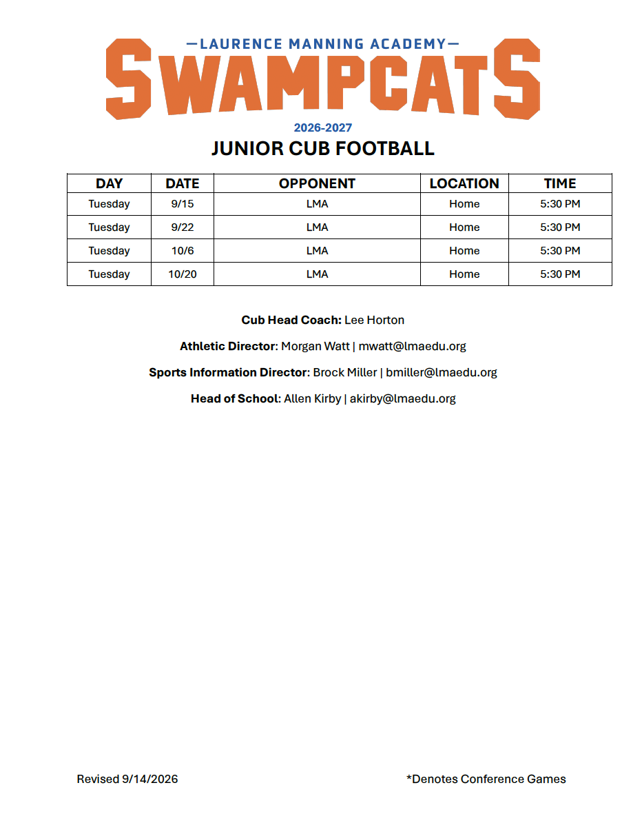 LMA 2026 Jr Cub Football Schedule