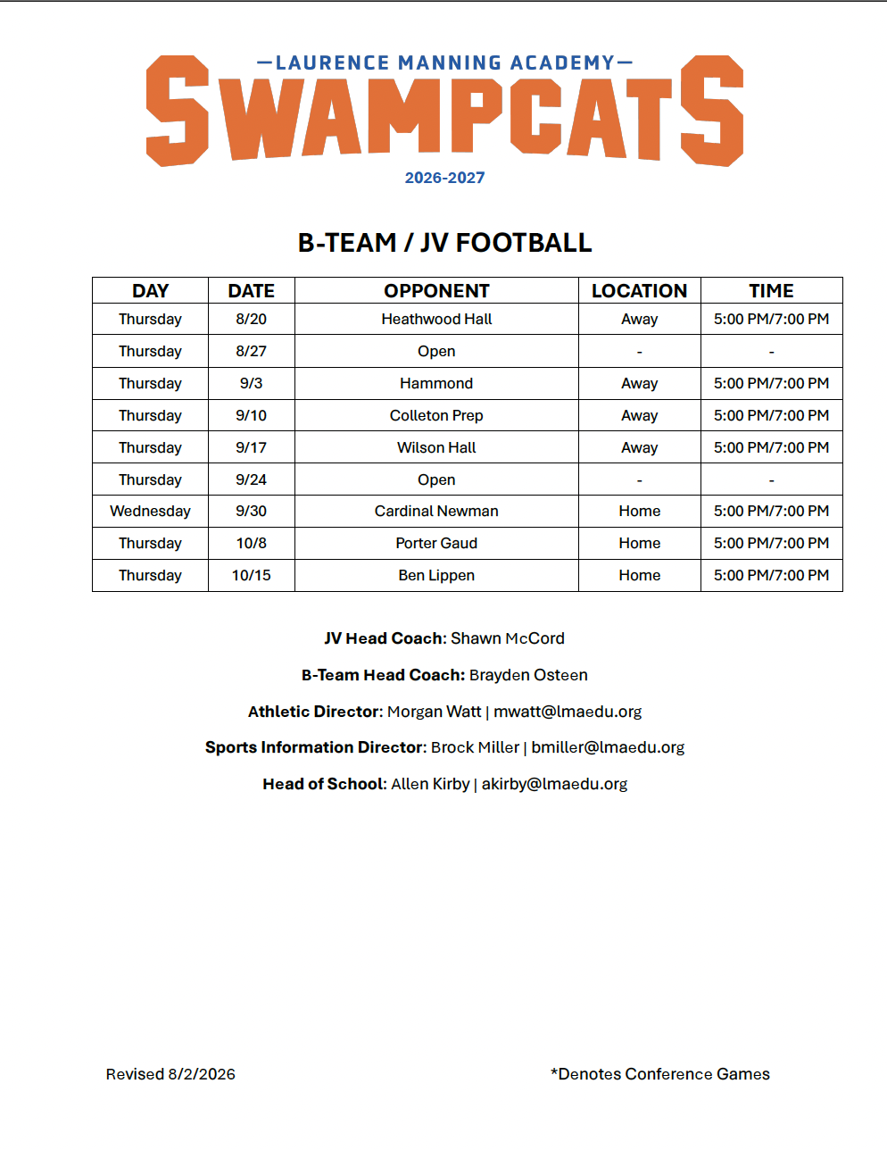 LMA 2026 B-Team/JV Football Schedule